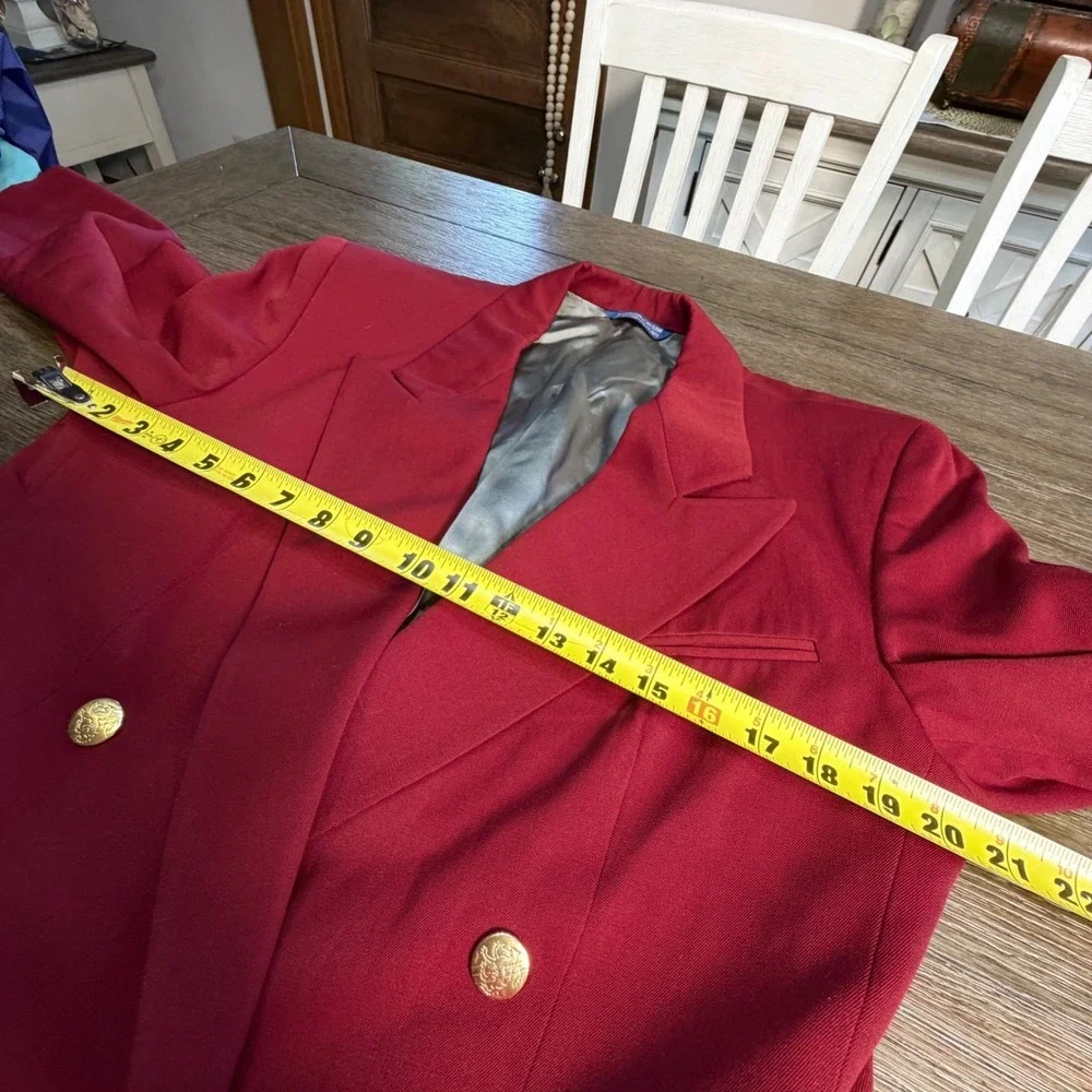 Austin Reed Dark Red Double Breasted Blazer Gold Crest Buttons Vintage Womens 12